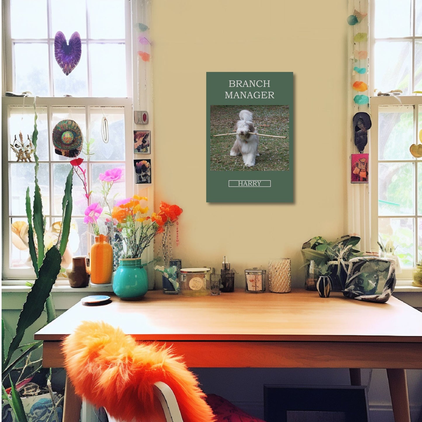 Branch Manager Personalized Dog Wall Canvas Custom Pet Portraits on wall over table