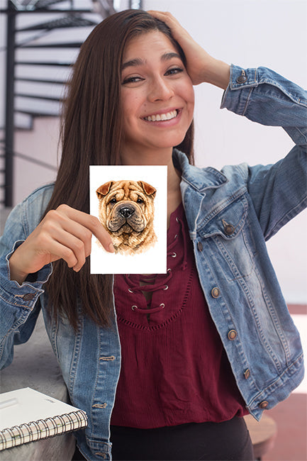 Shar Pei Watercolor Print Dog Notecard | 4x6 Blank Inside | Cute Pet Lover Stationery