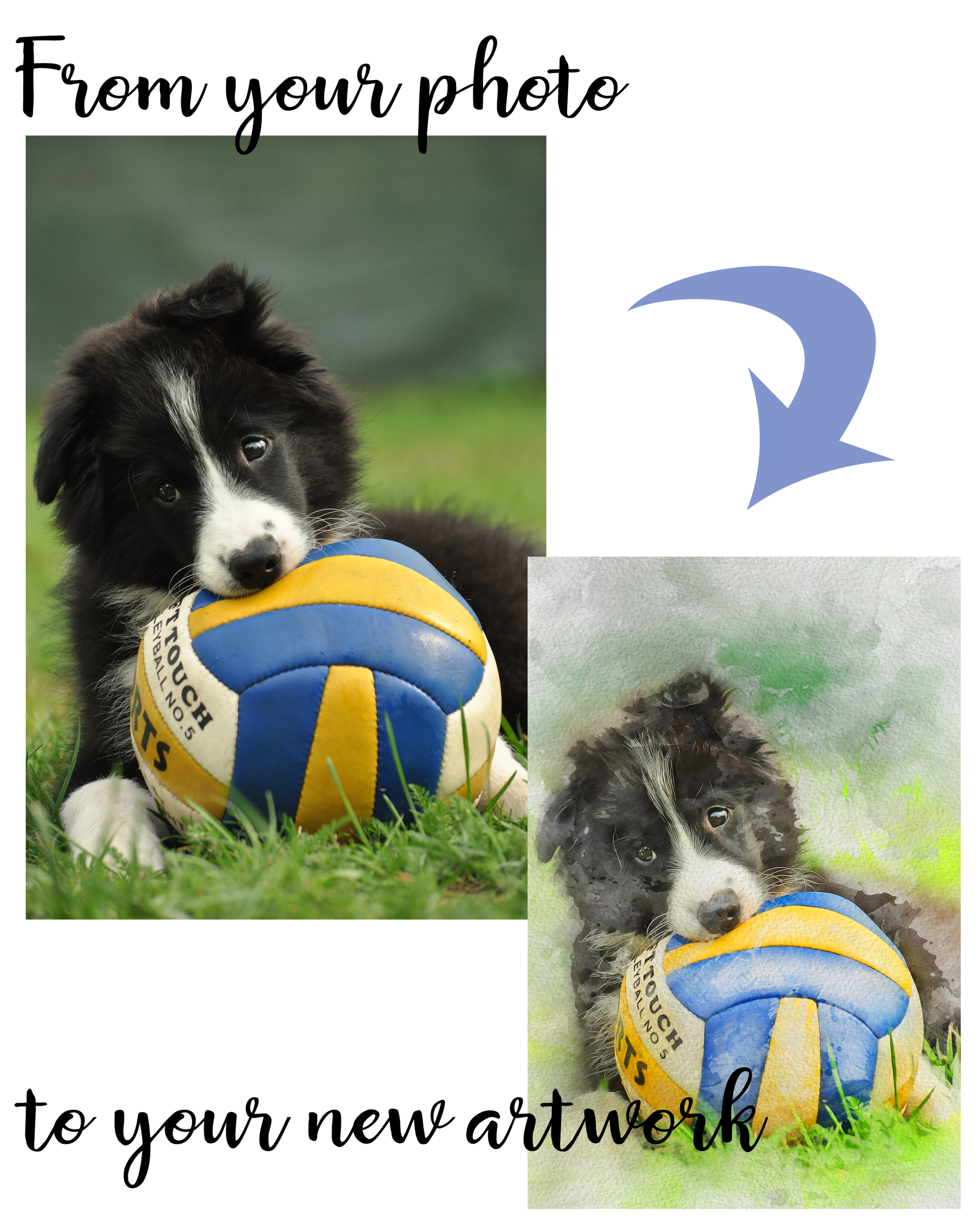 Watercolor Style Dog Portrait Canvas Gallery Wraps Sample Custom Pet Portraits showing puppy playing with a soccer ball