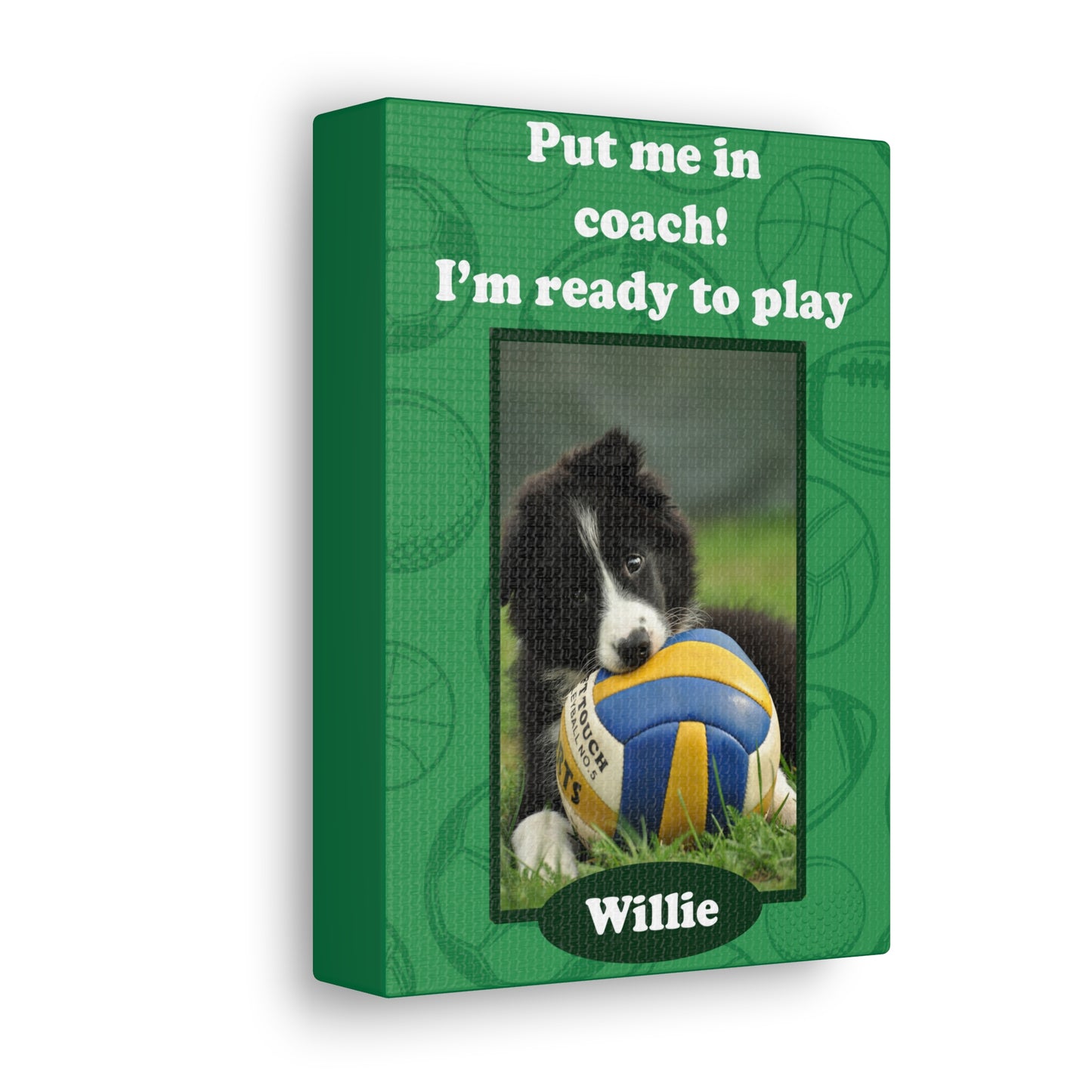 Side view of Put me in coach custom pet portraits on white wall