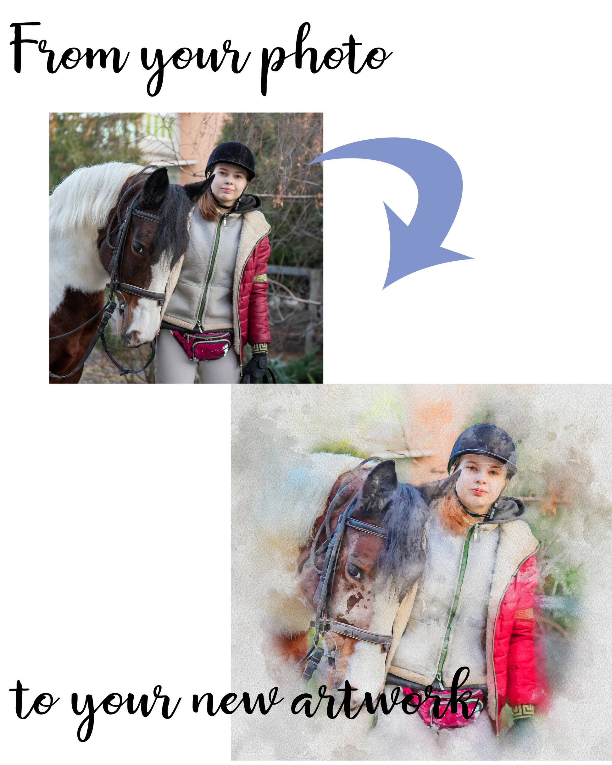 Sample of horse and girl waterstyle custom pet portrait before and after