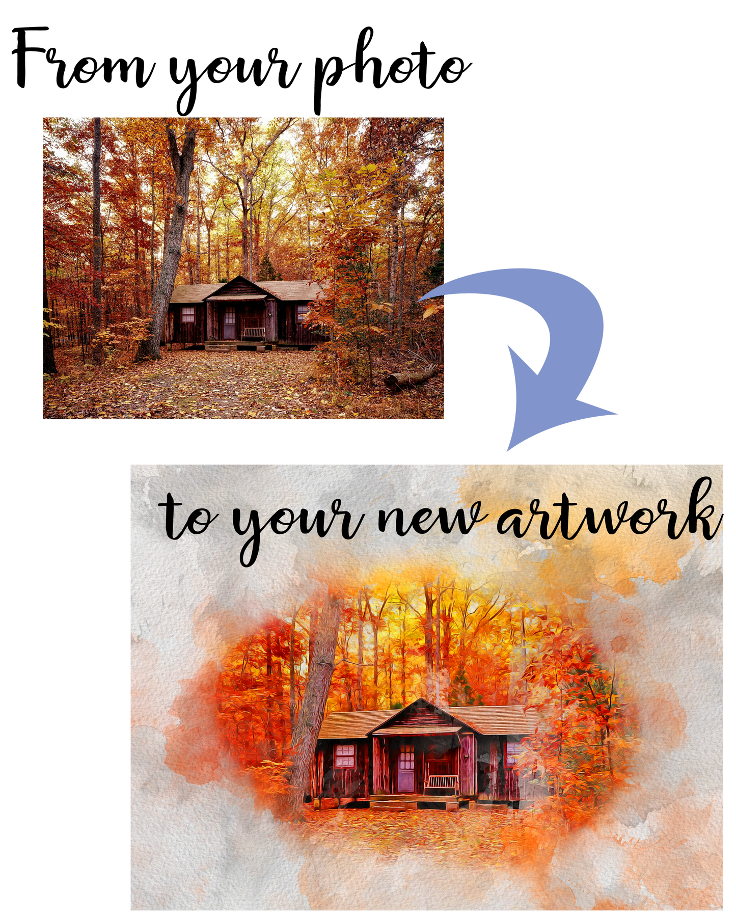 Cabin custom house portrait before and after watercolor art created.