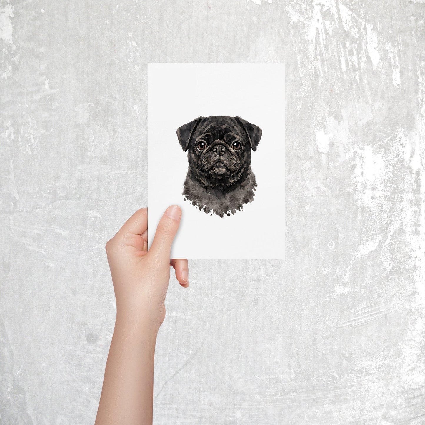 Pug Watercolor Print Dog Notecard | 4x6 Blank Inside | Cute Pet Lover Stationery