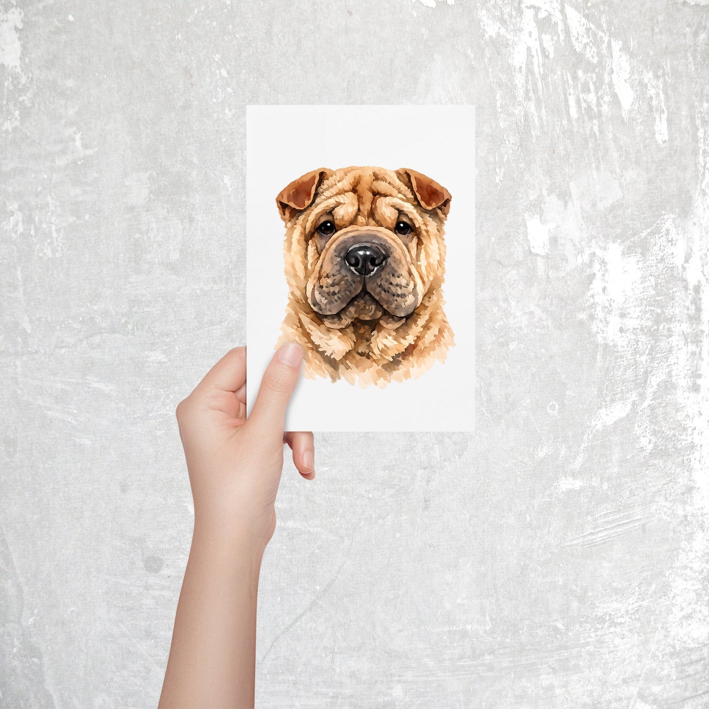 Shar Pei Watercolor Print Dog Notecard | 4x6 Blank Inside | Cute Pet Lover Stationery