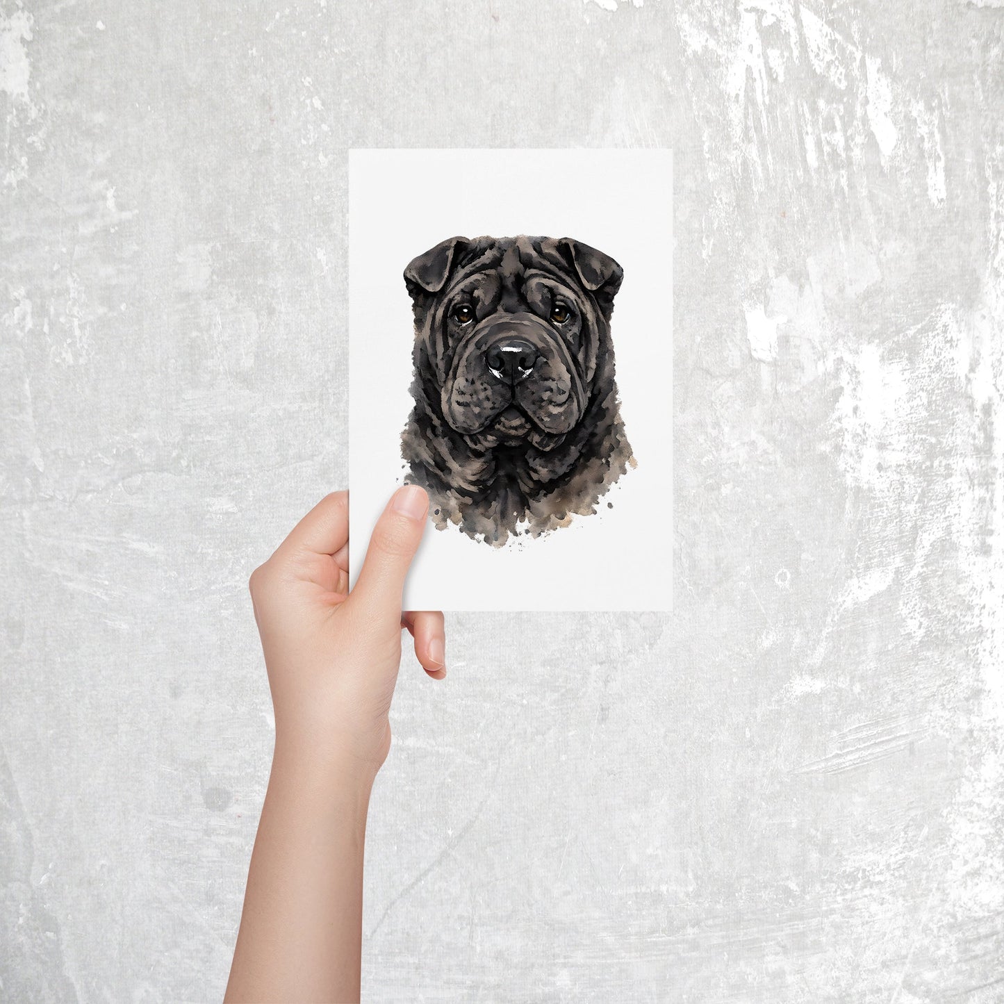 Shar Pei Watercolor Print Dog Notecard | 4x6 Blank Inside | Cute Pet Lover Stationery