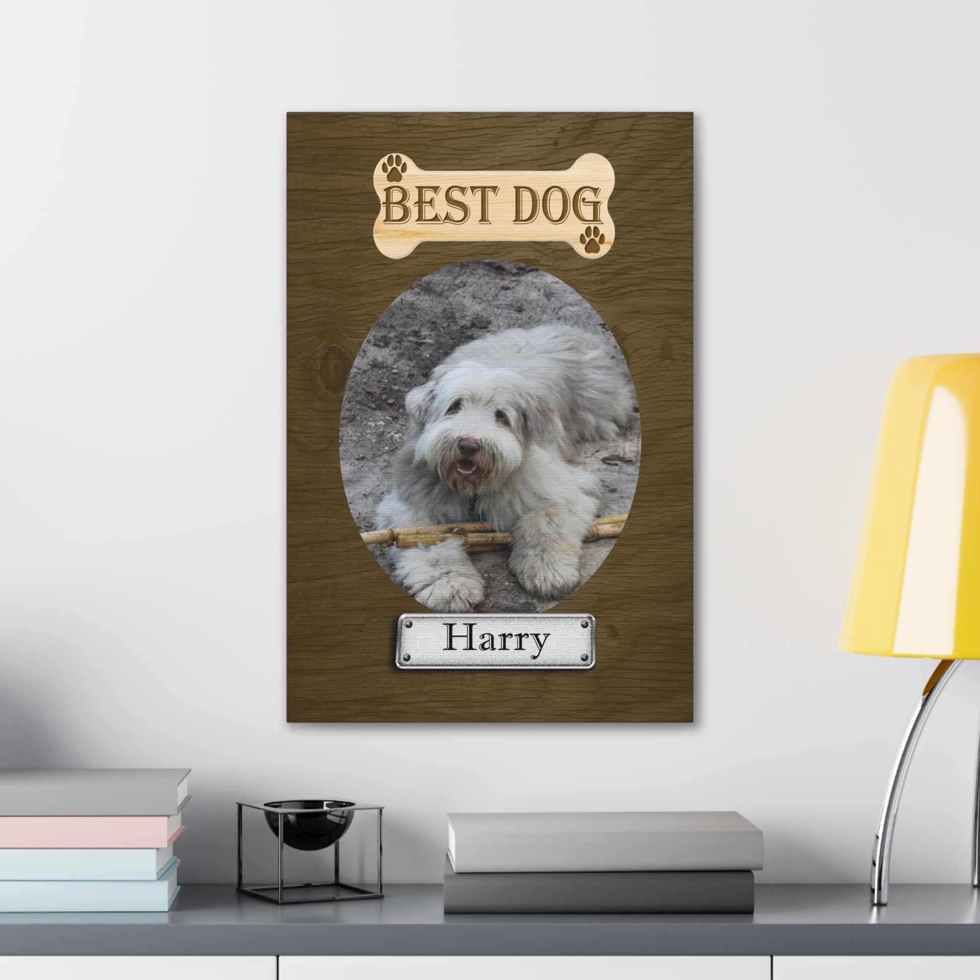 Personalized Dog Wall Art Pet Canvas Custom Pet Portrait over a desk