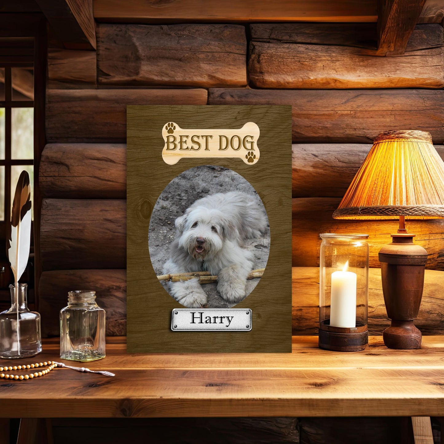 Personalized Dog Wall Art Pet Canvas Custom Pet Portraits on wall with log cabin background