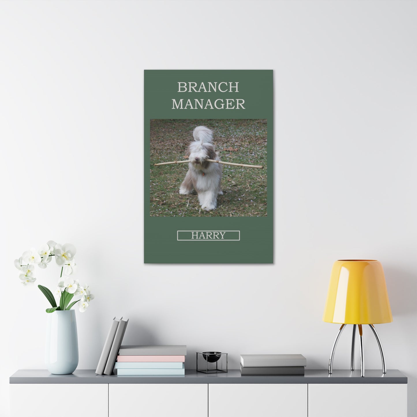 Branch Manager Personalized Dog Wall Art Pet Canvas Custom Pet Portraits over a desk with books. 