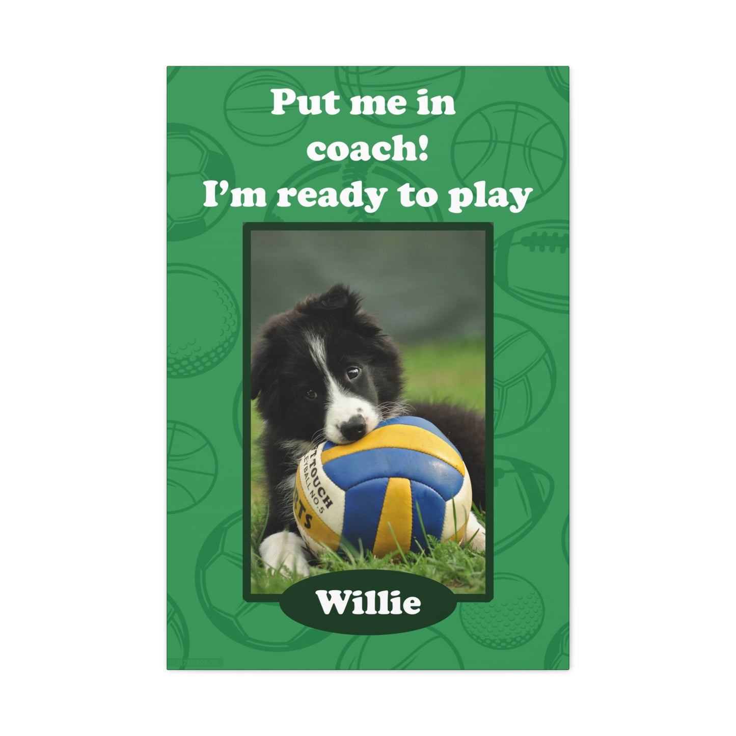 Ready to Play Personalized Dog Wall Canvas Custom Pet Portraits front view on white wall