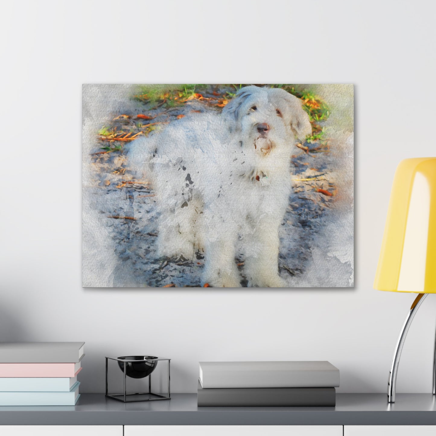 Watercolor Style Custom Pet Portraits on wall over desk