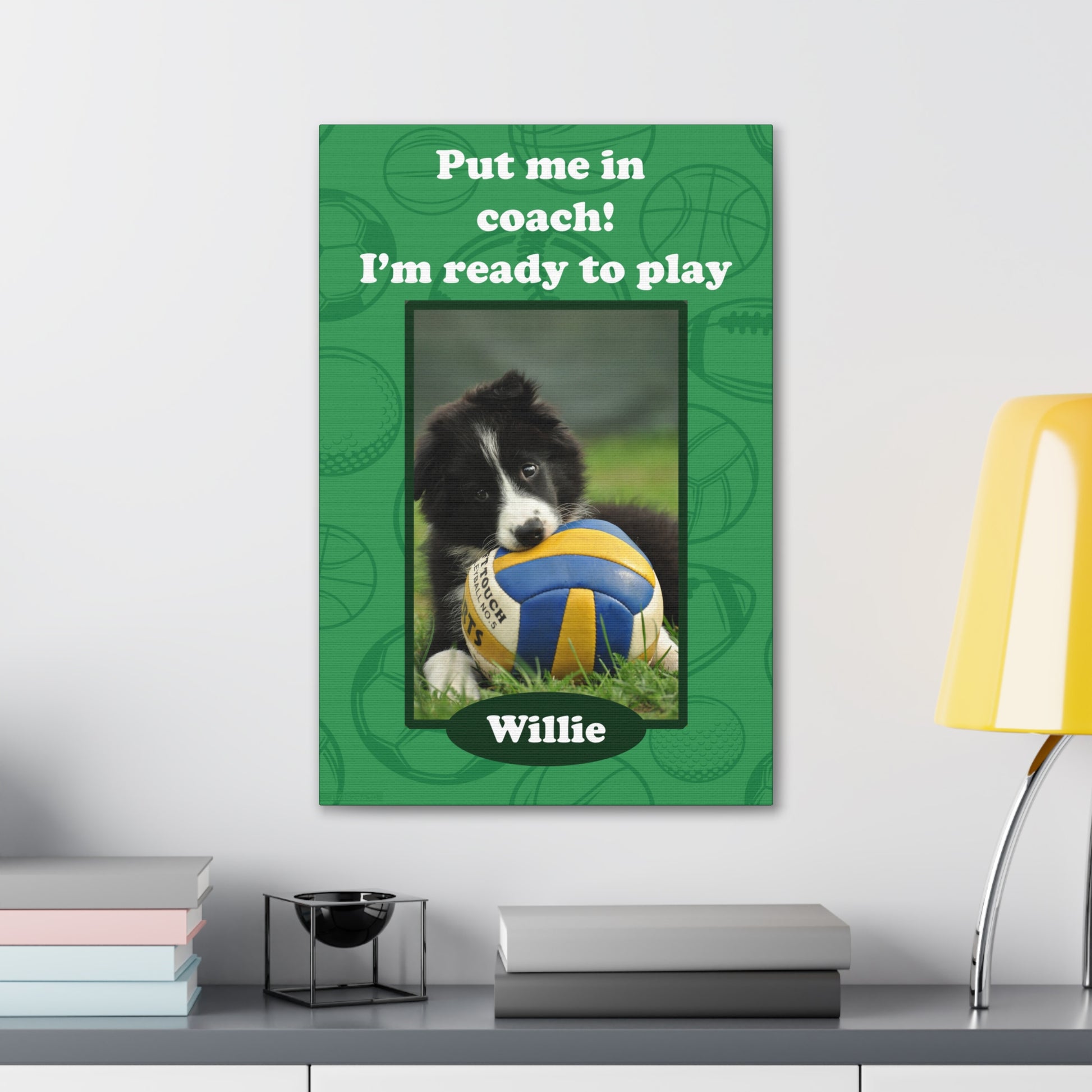 Front view of a custom pet portraits of Dog with soccer ball Put me in coach wall art. 