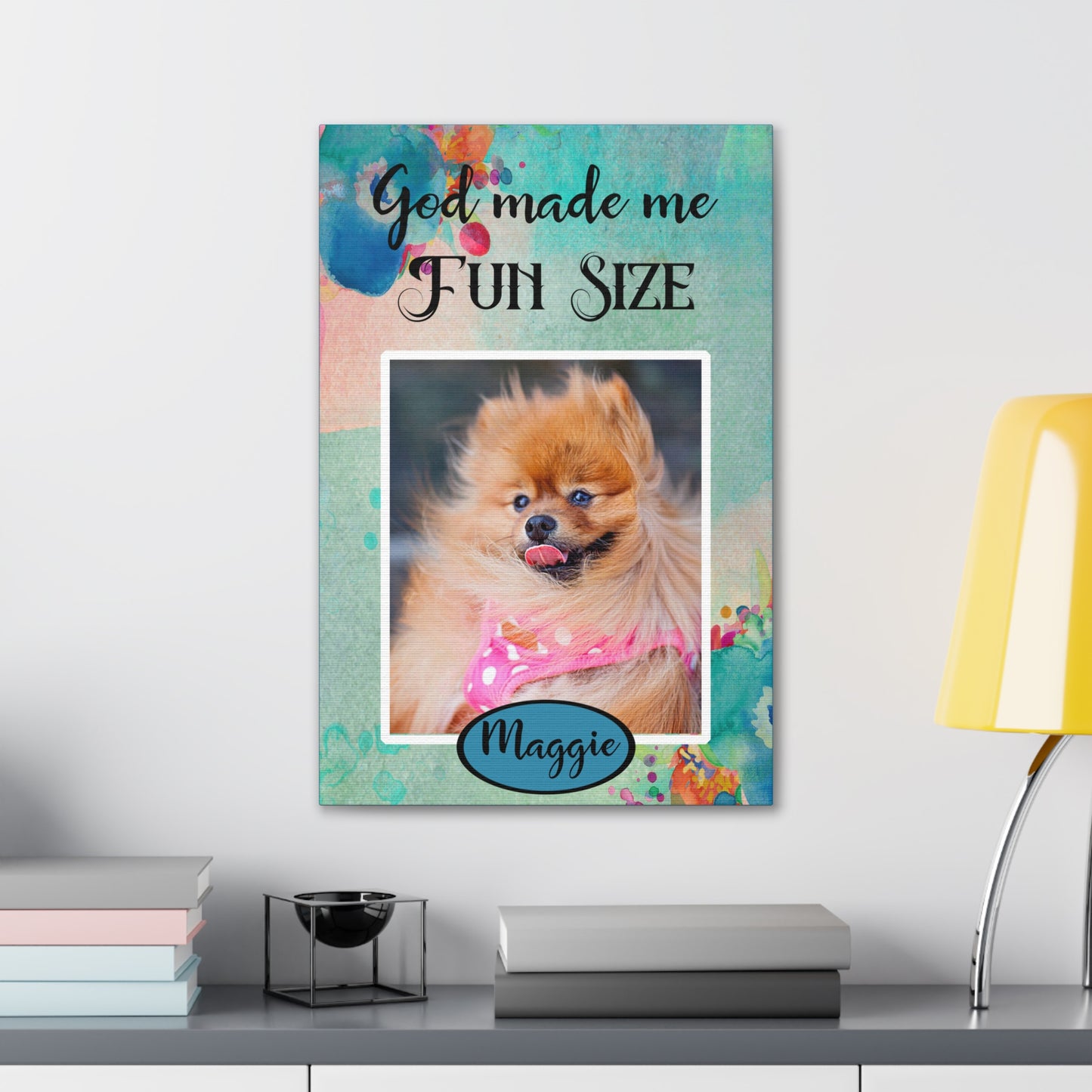 Personalized Dog Wall Art Fun Size Custom Pet Portrait on wall over desk 