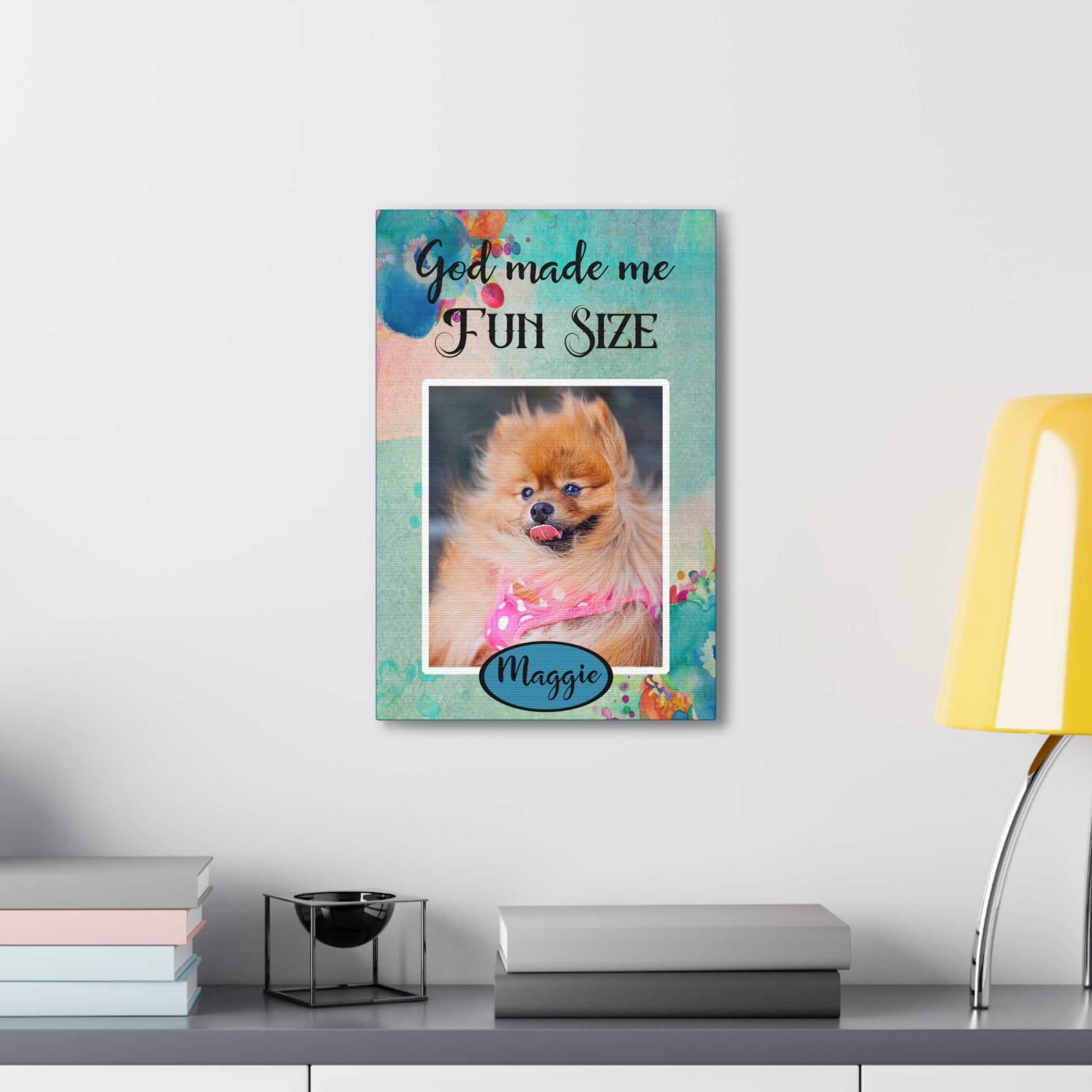 Fun Size Personalized Dog Wall Art Pet Canvas Custom Pet Portrait on wall over desk 