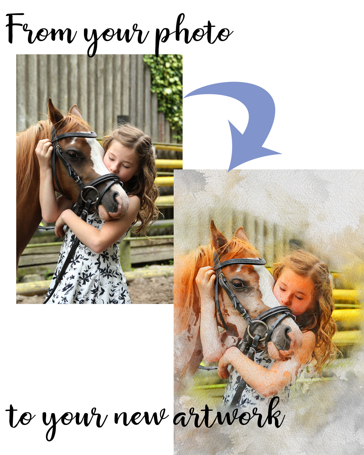 A little girl and her pony Custom Pet portrait before and after watercolor.