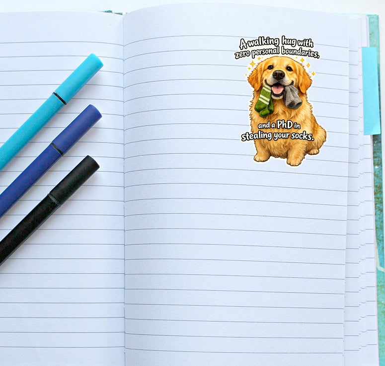 Funny Golden Retriever Sticker Sock Thief Journal Scrapbook Dog Lover Gift