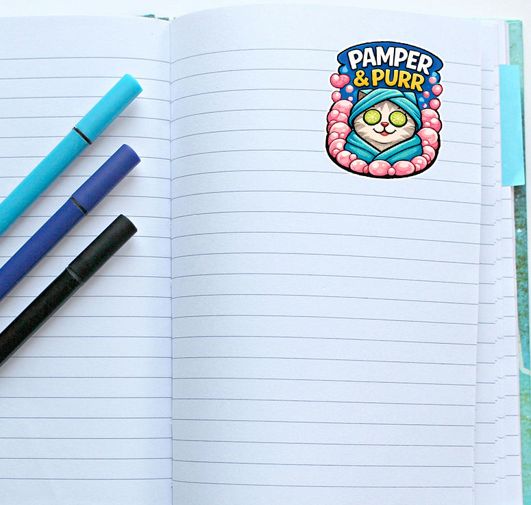 Pamper and Purr Cat Sticker Cute Spa Kitty Decal Pet Lover Journal Scrapbooking