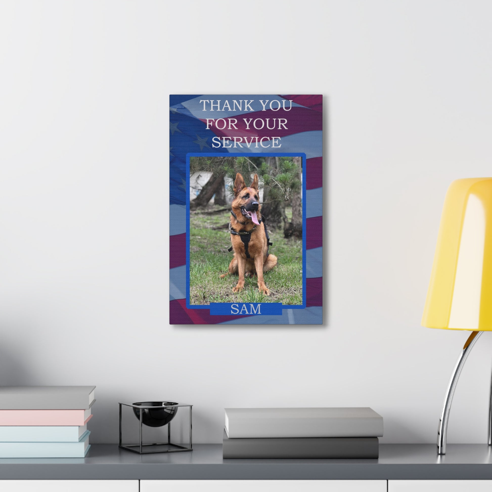 Thank you for your service custom pet portraits of dog on American flag over a desk