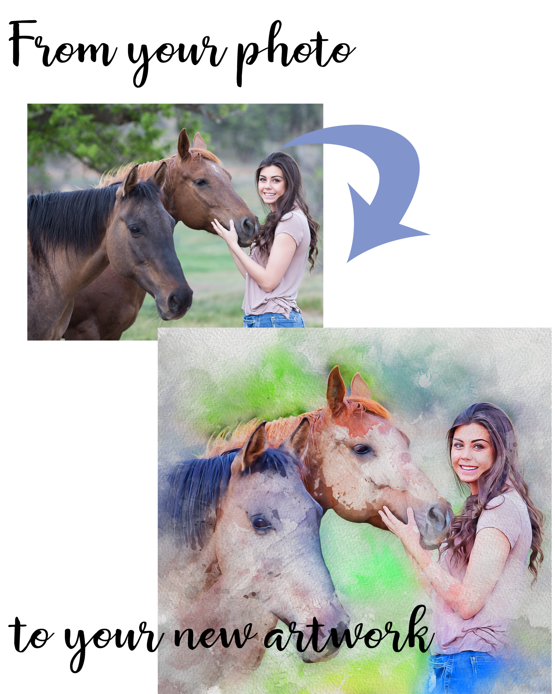 Custom Pet Portraits can include horses. This shows a woman with two horses.